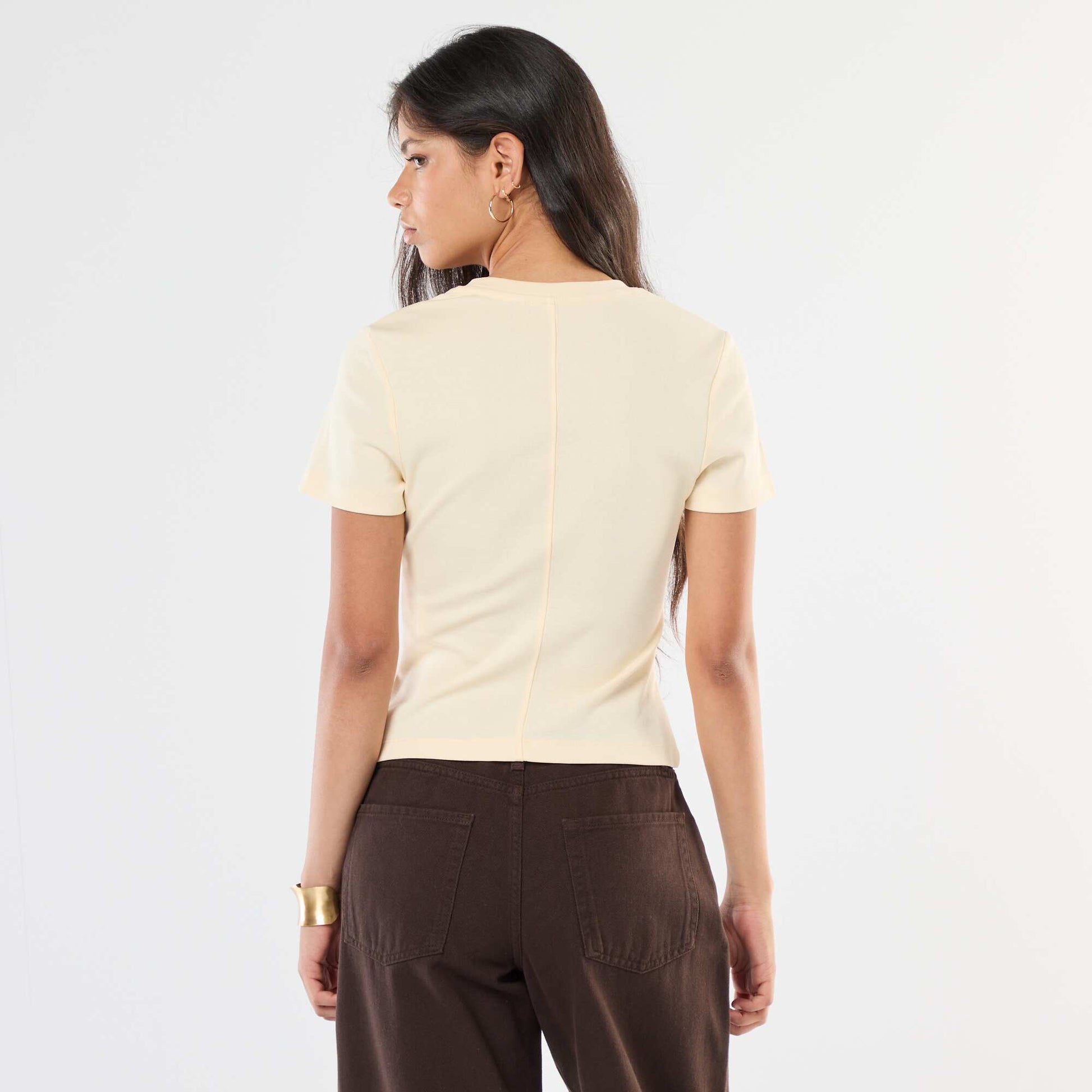 T-shirt uni en maille finement côtelé BEIGE