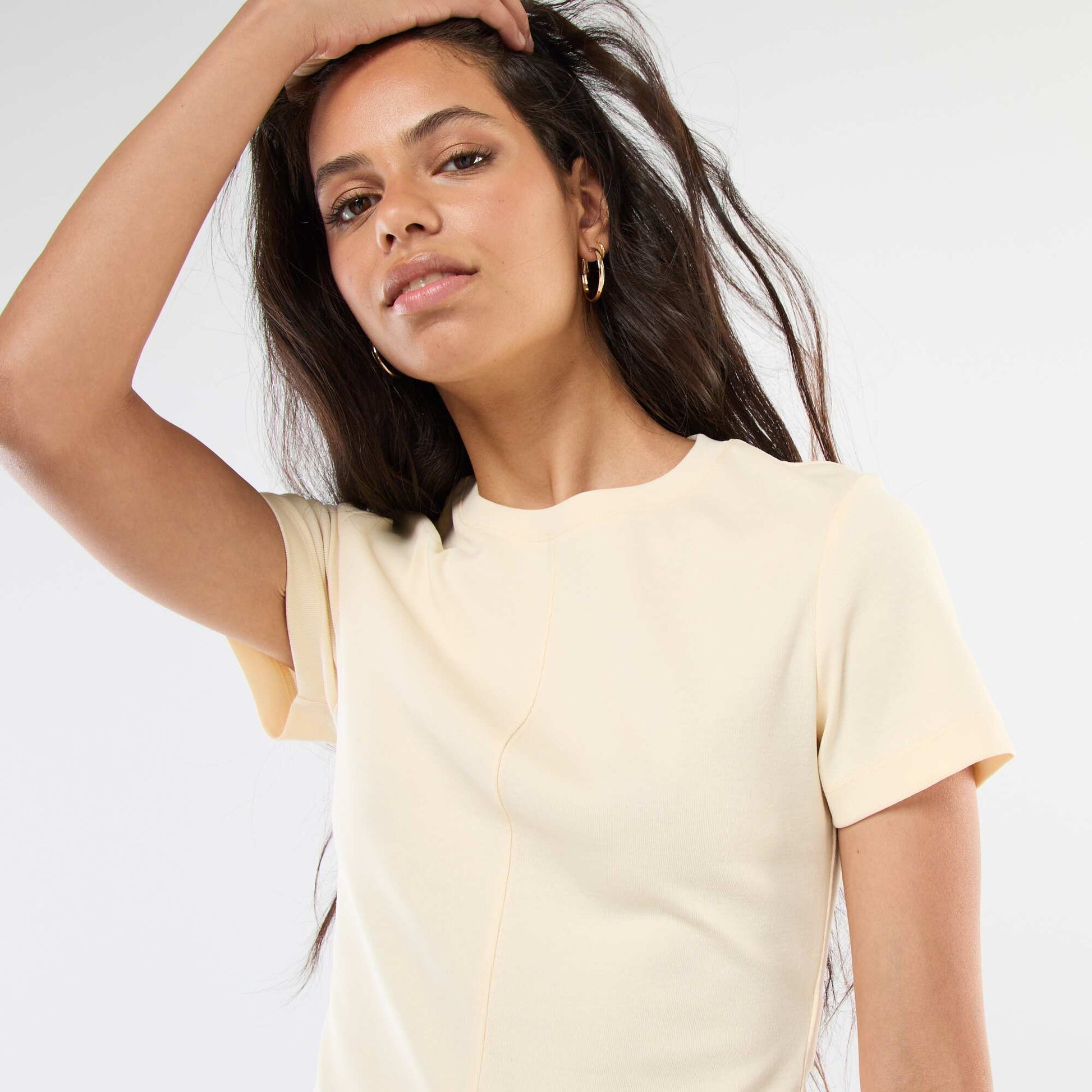 T-shirt uni en maille finement côtelé BEIGE