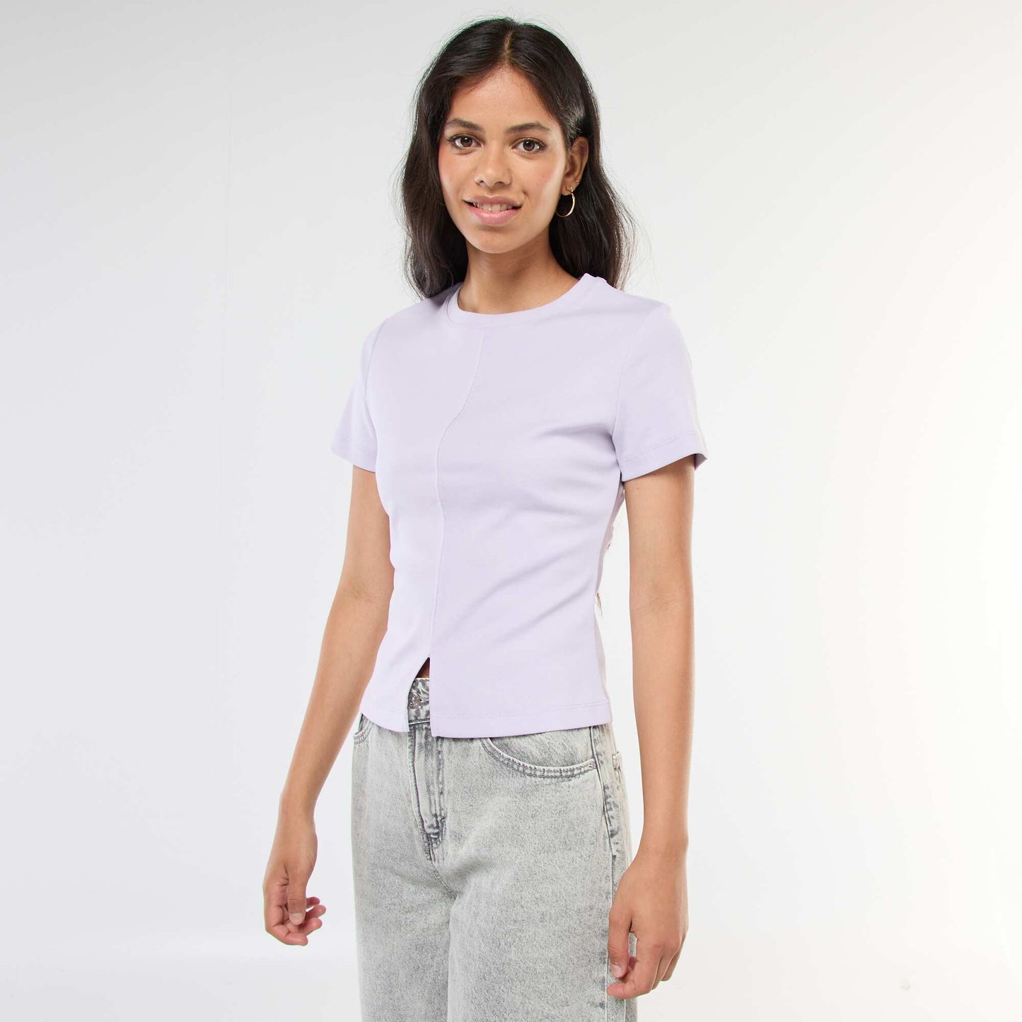 T-shirt uni en maille finement côtelé ROSE