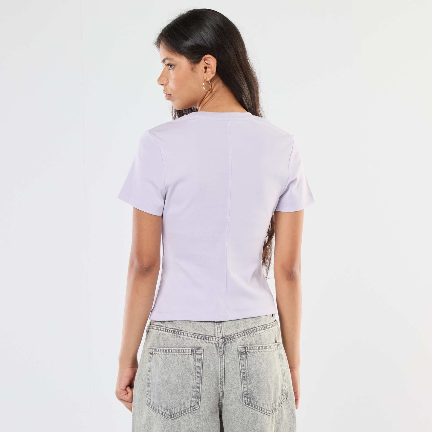 T-shirt uni en maille finement côtelé ROSE