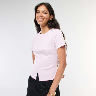 T-shirt uni en maille finement côtelé ROSE