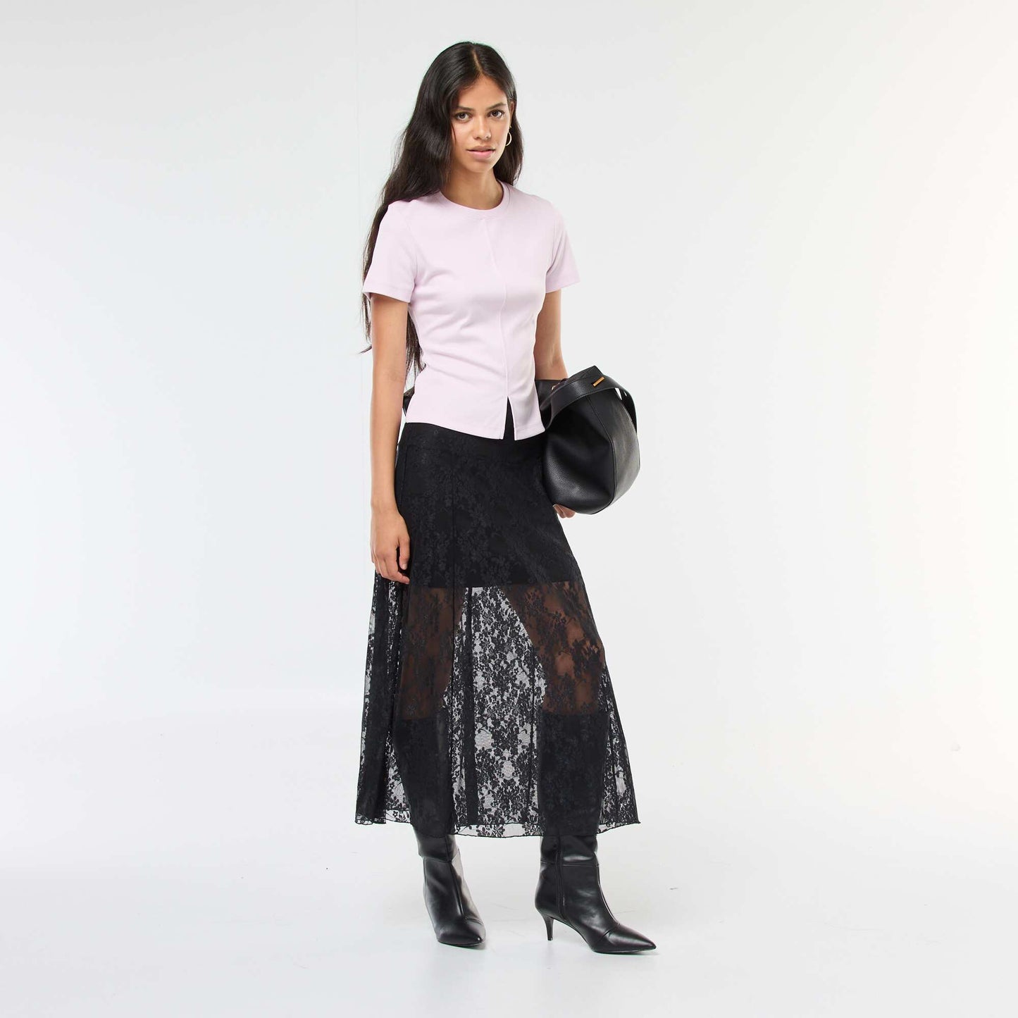T-shirt uni en maille finement côtelé ROSE