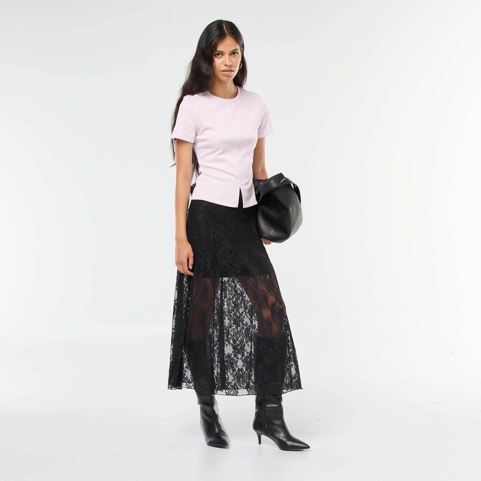T-shirt uni en maille finement côtelé ROSE