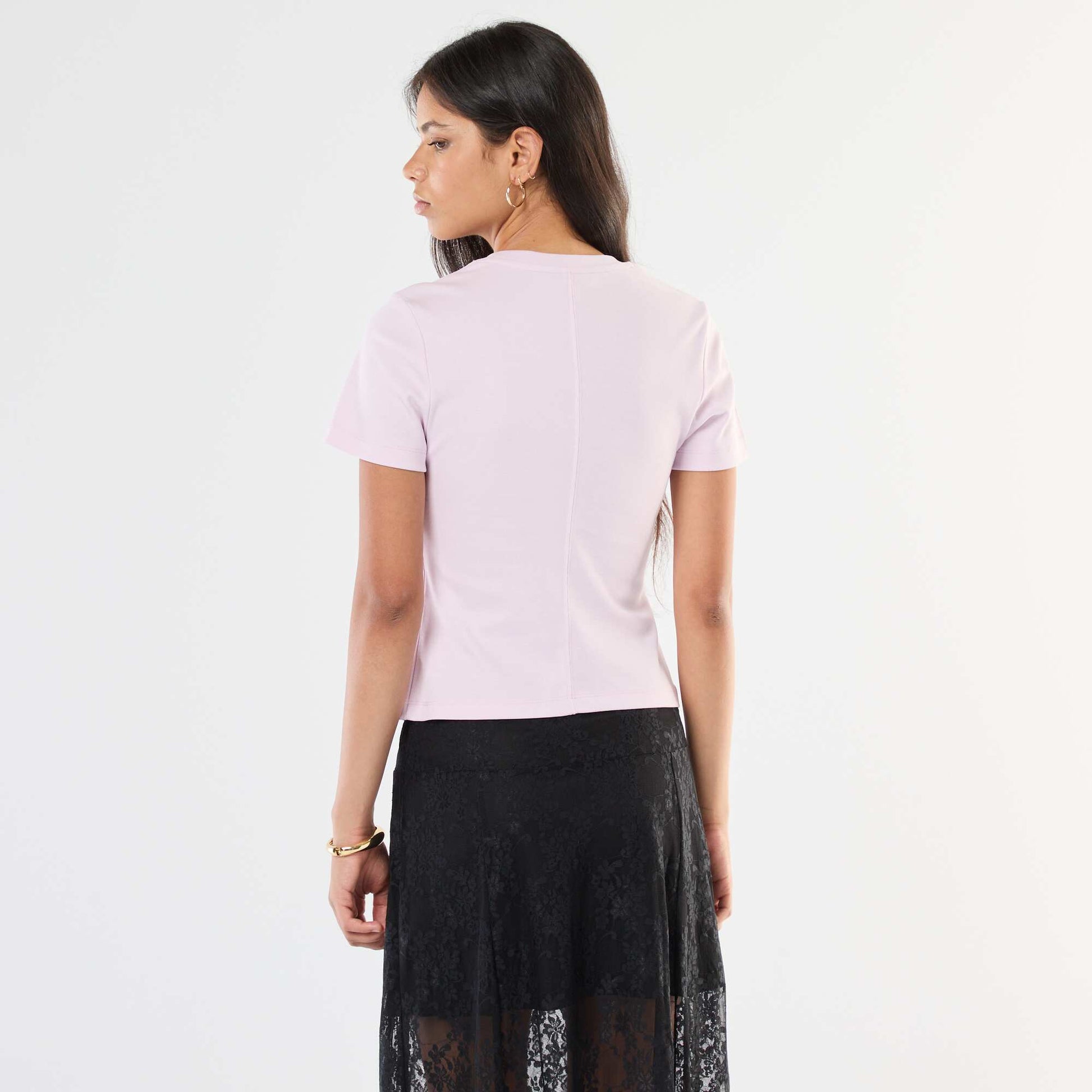 T-shirt uni en maille finement côtelé ROSE