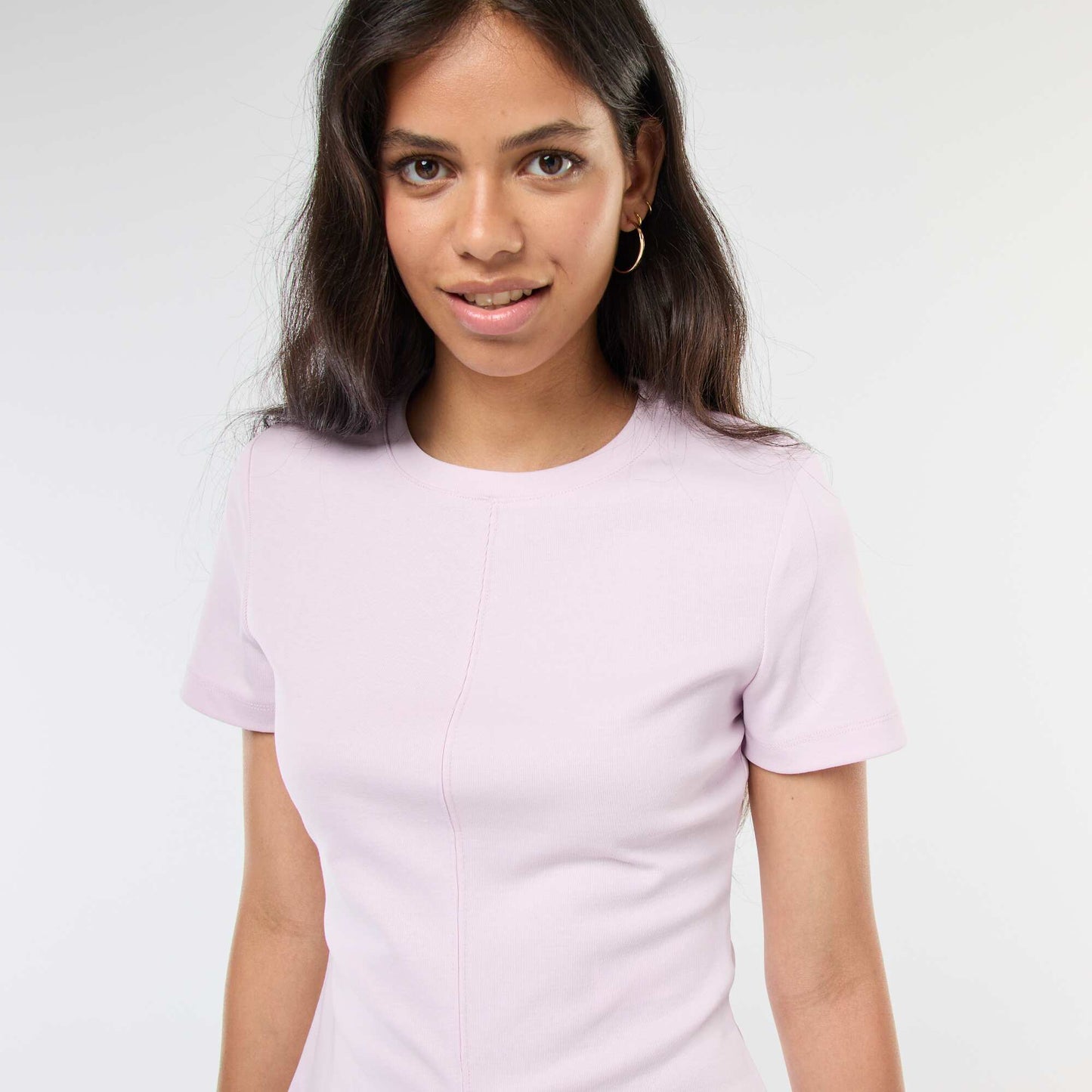 T-shirt uni en maille finement côtelé ROSE