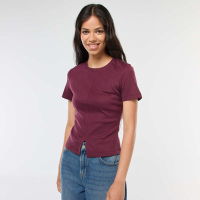 T-shirt uni en maille finement côtelé ROUGE