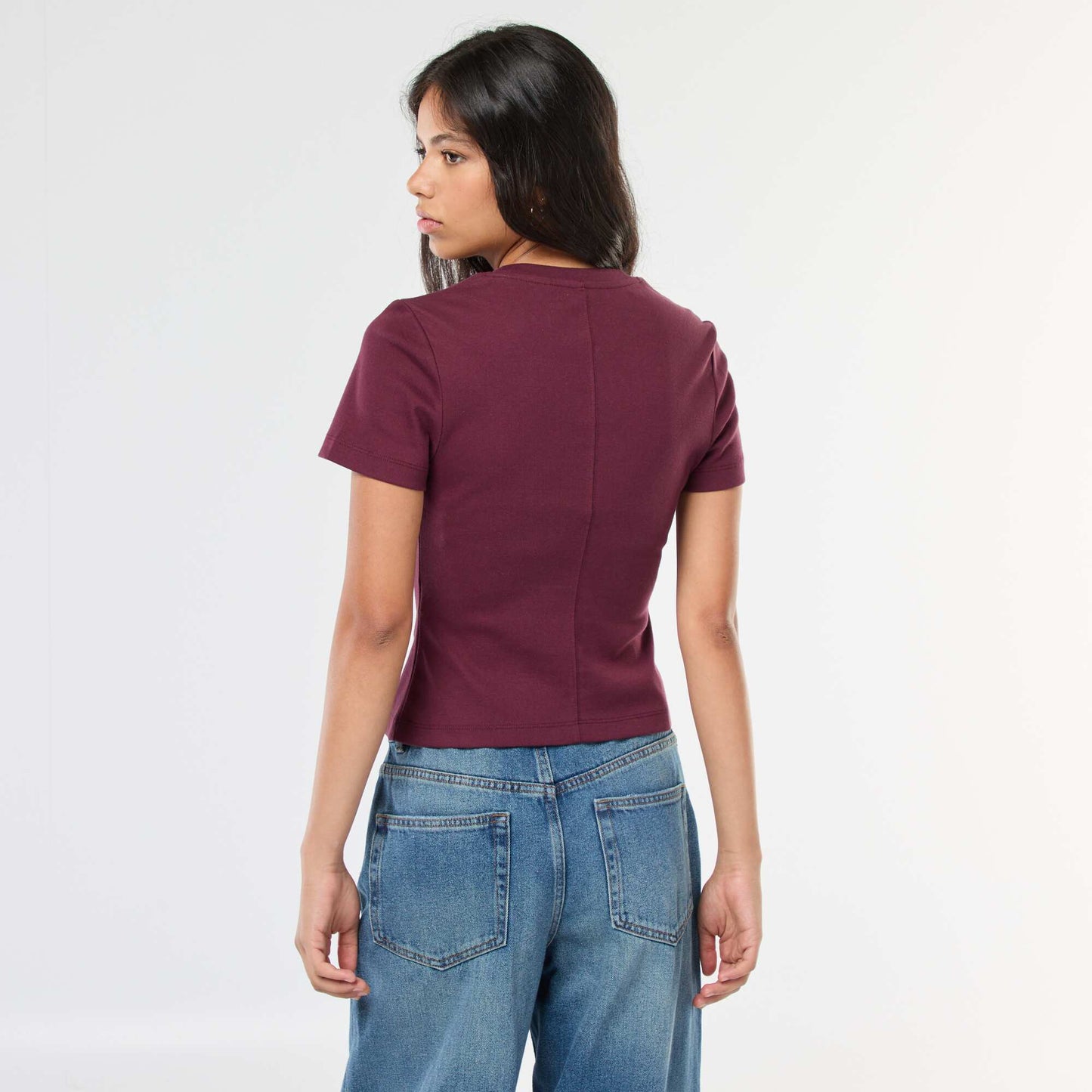 T-shirt uni en maille finement côtelé ROUGE