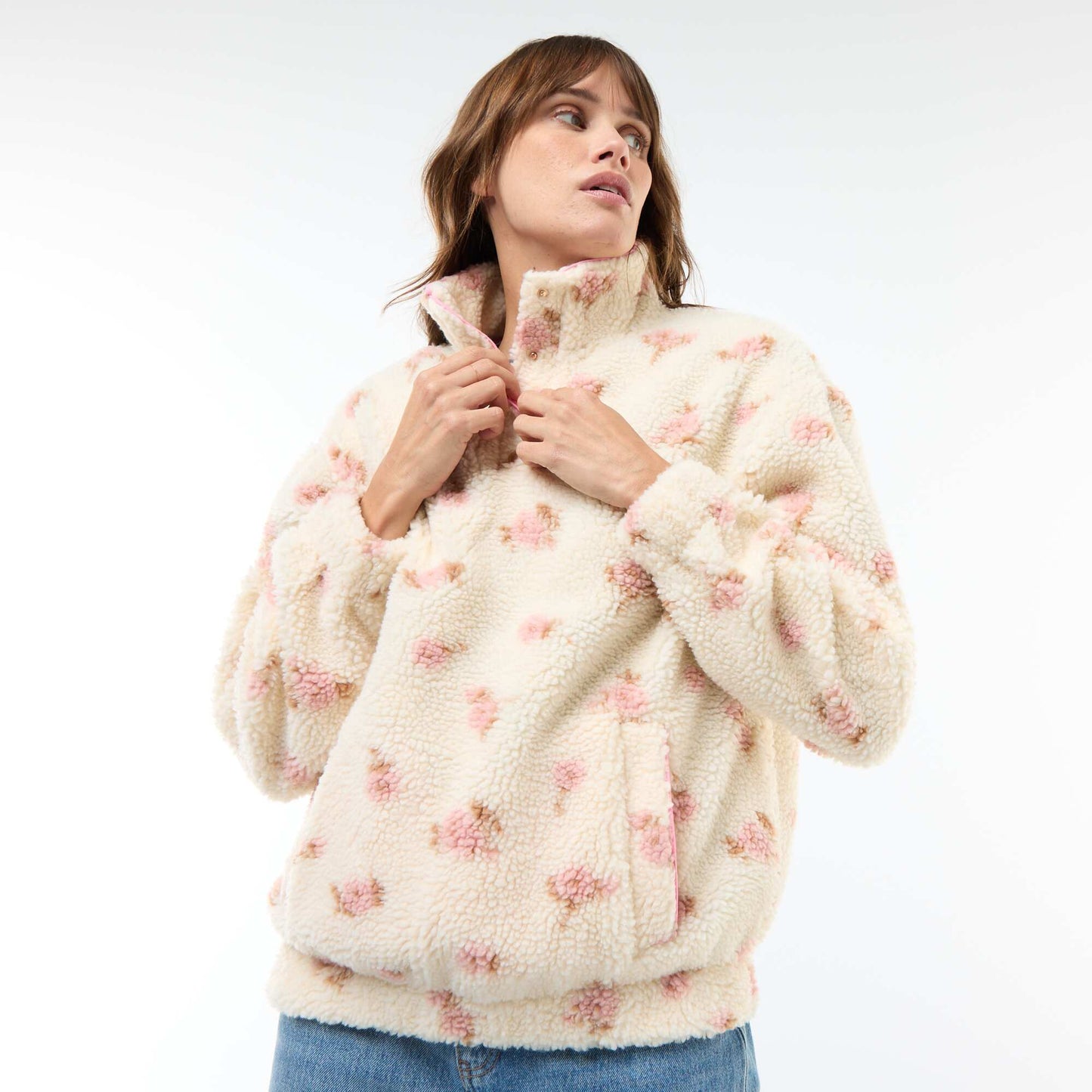 Sweat en maille bouclette imprimé BLANC/ROSE