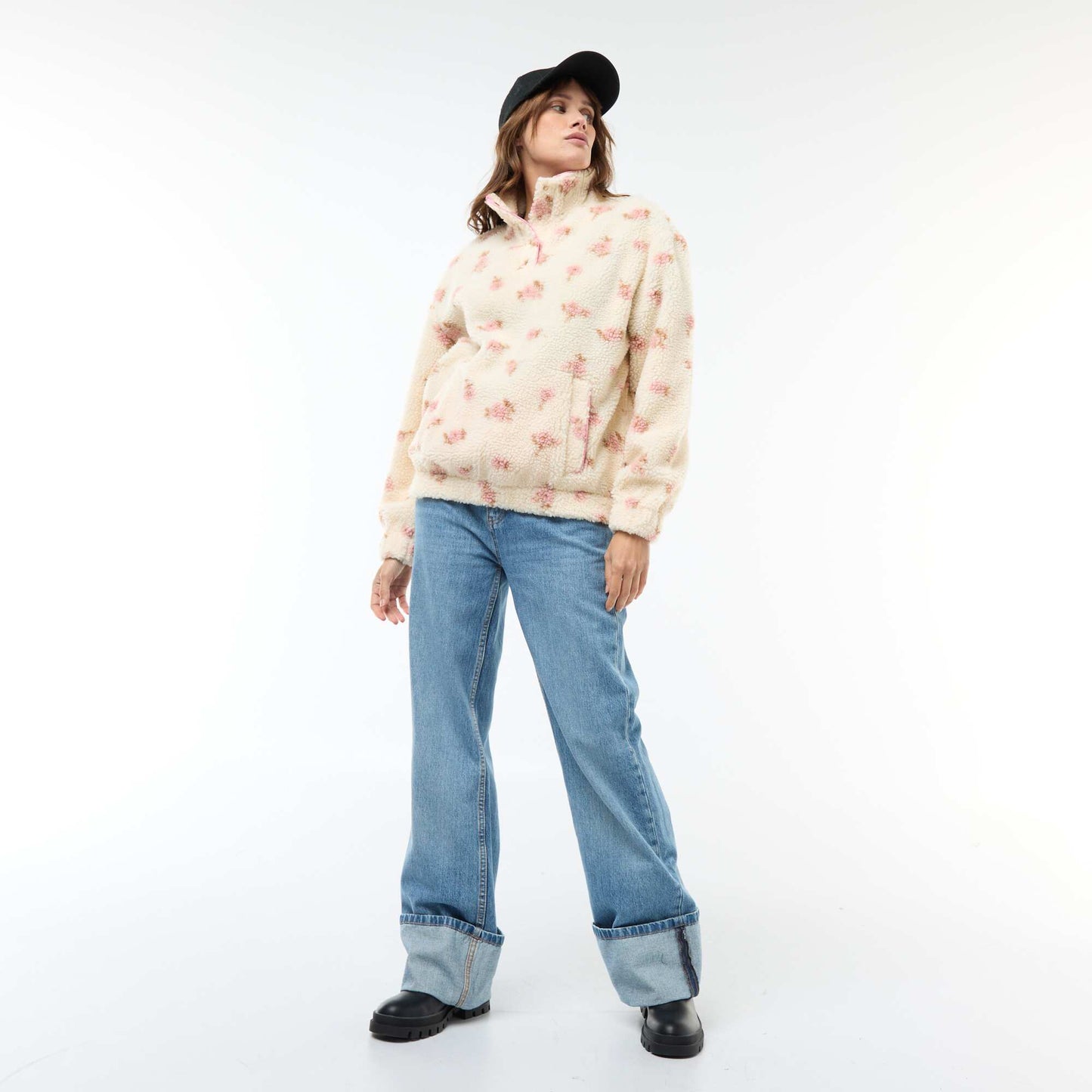 Sweat en maille bouclette imprimé BLANC/ROSE