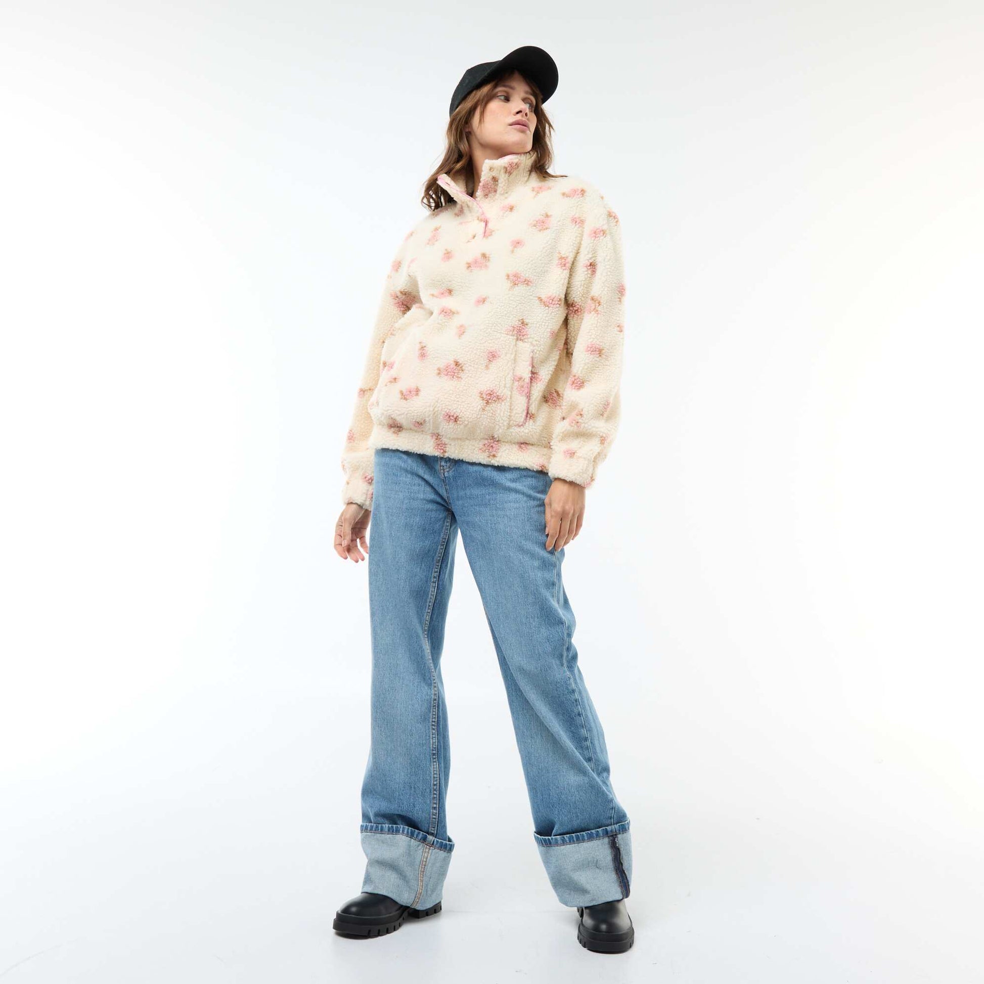 Sweat en maille bouclette imprimé BLANC/ROSE
