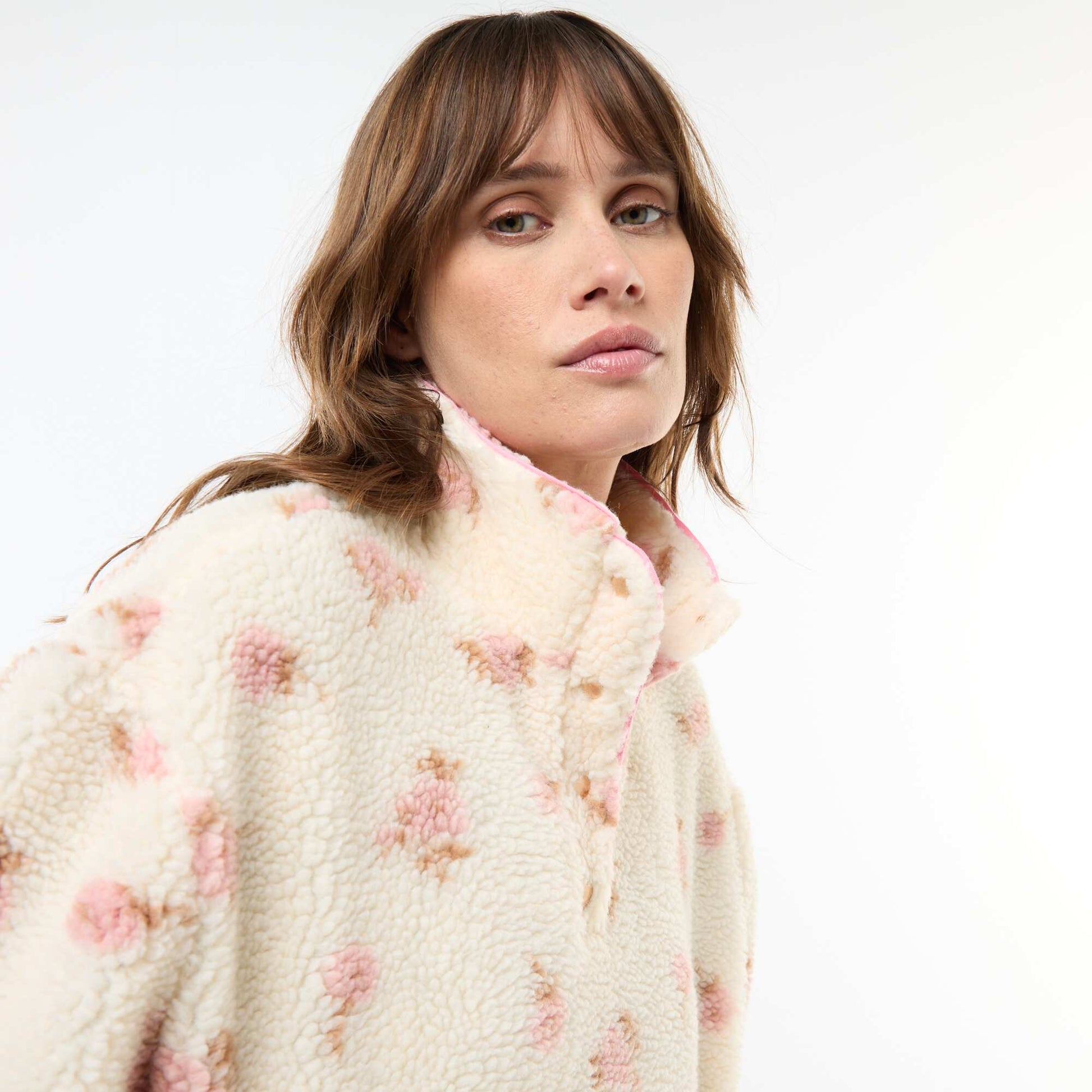 Sweat en maille bouclette imprimé BLANC/ROSE