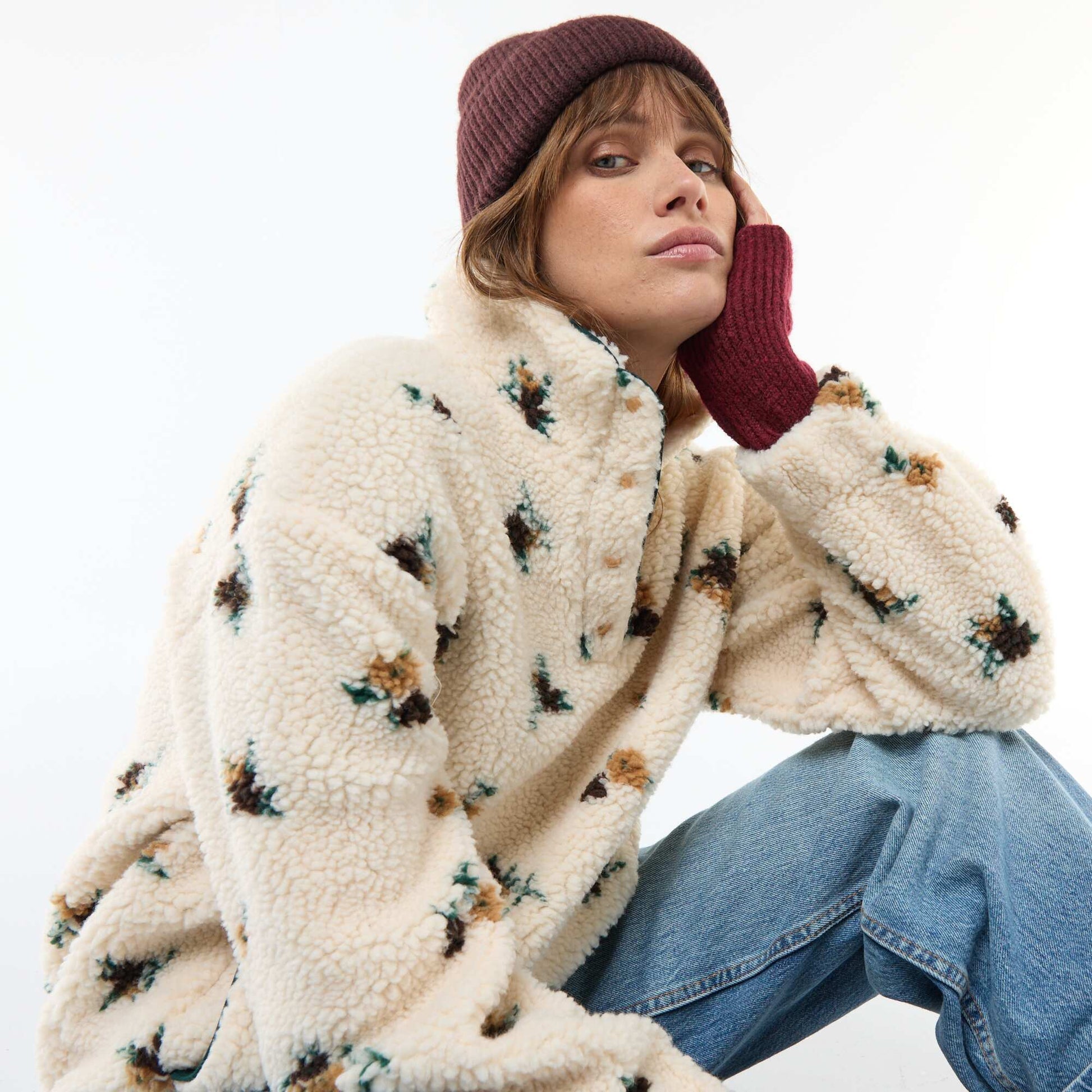 Sweat en maille bouclette imprimé BLANC/VERT