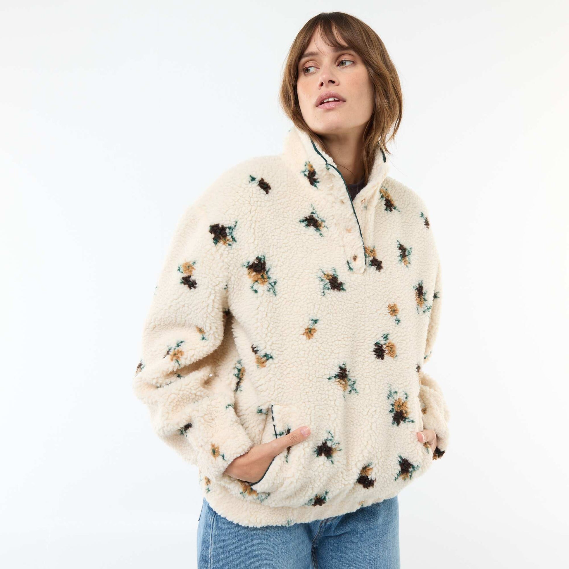 Sweat en maille bouclette imprimé BLANC/VERT