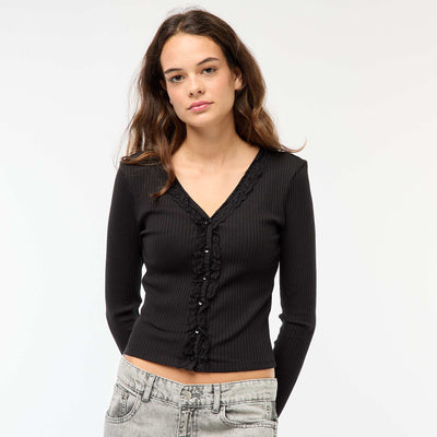 T-shirt côtelé uni avec dentelle NOIR
