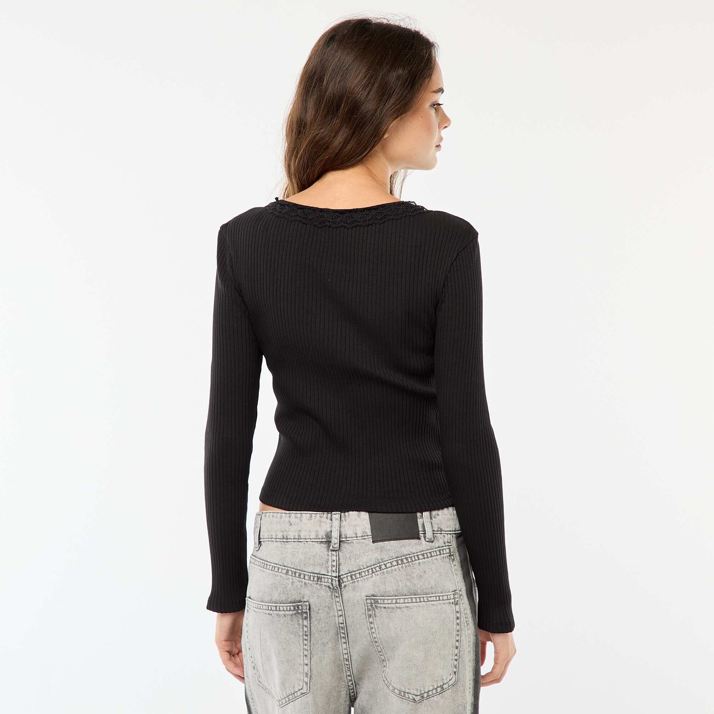 T-shirt côtelé uni avec dentelle NOIR