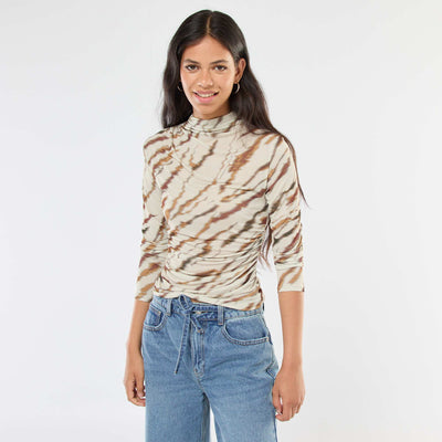 T-shirt fluide avec col montant à motif BEIGE