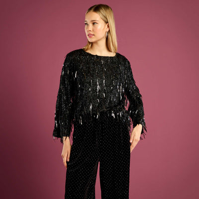 Tee-shirt à franges et sequins NOIR