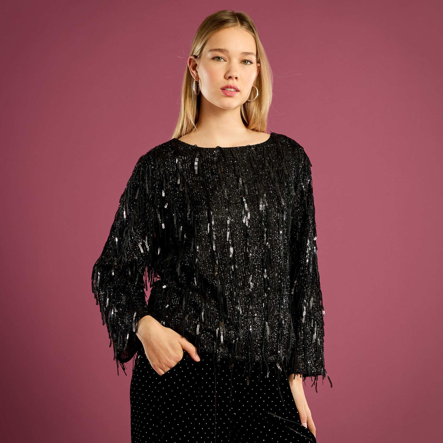 Tee-shirt à franges et sequins NOIR