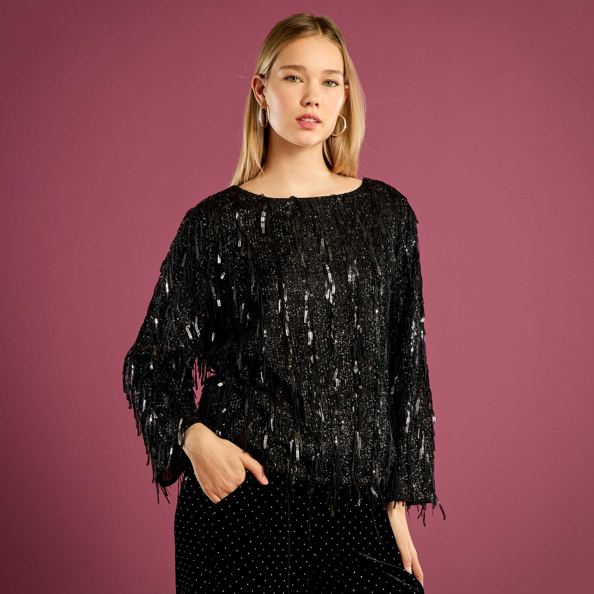 Tee-shirt à franges et sequins NOIR