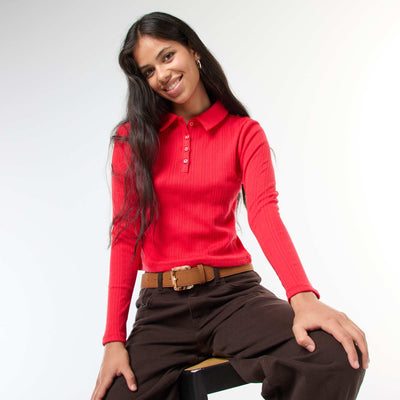 Tee-shirt en maille pointelle  avec col polo ROUGE