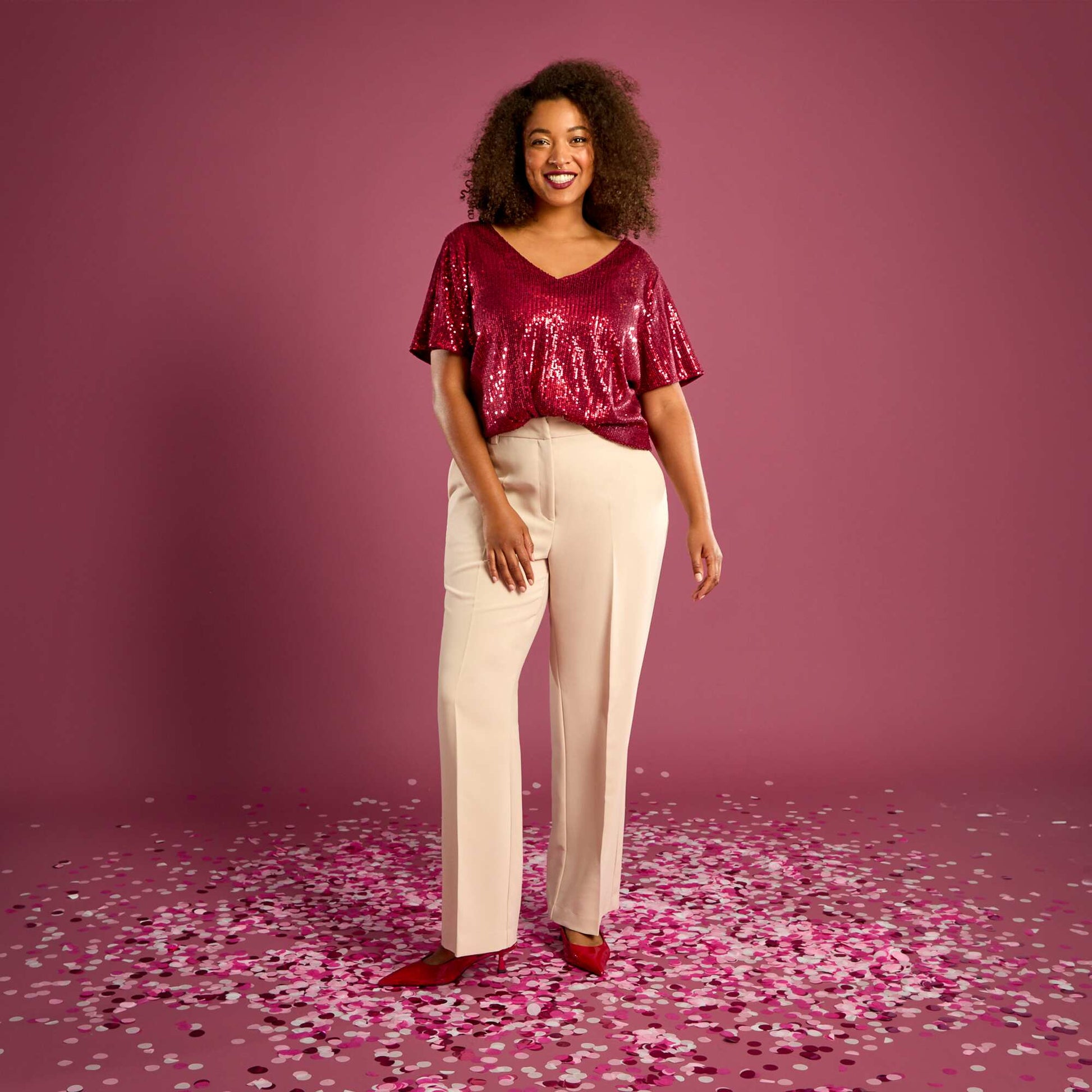 Tee-shirt manches courtes à sequins ROUGE
