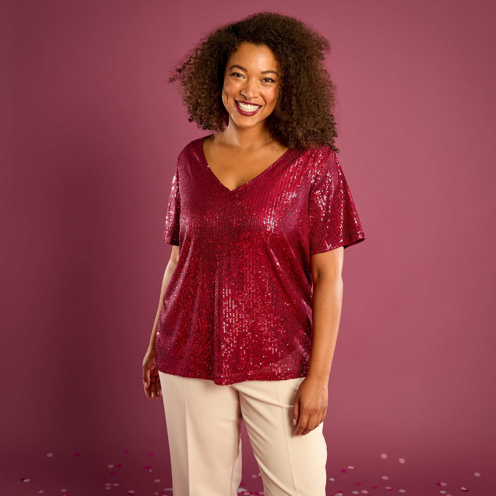 Tee-shirt manches courtes à sequins ROUGE