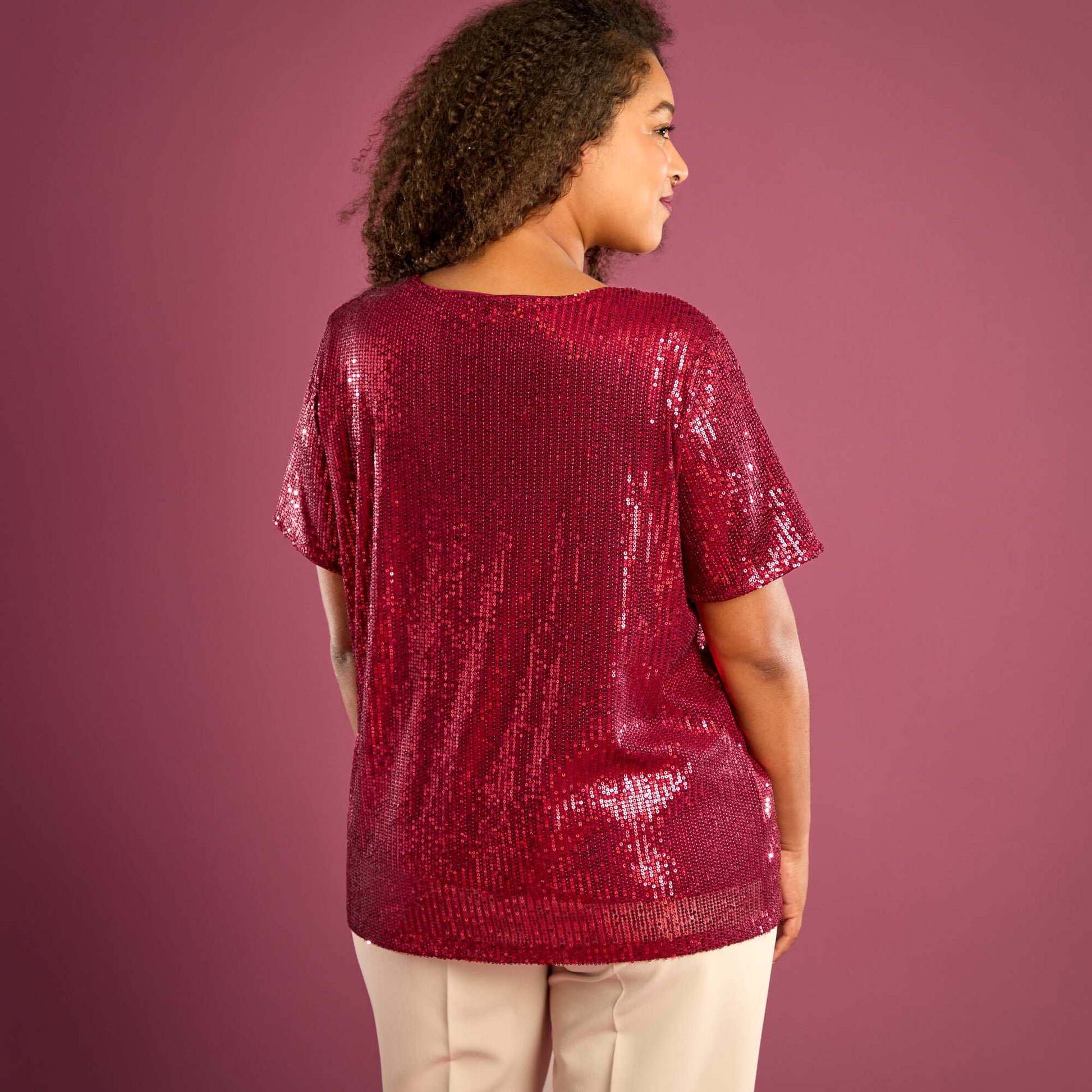 Tee-shirt manches courtes à sequins ROUGE