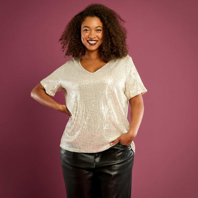 Tee-shirt manches courtes à sequins BEIGE