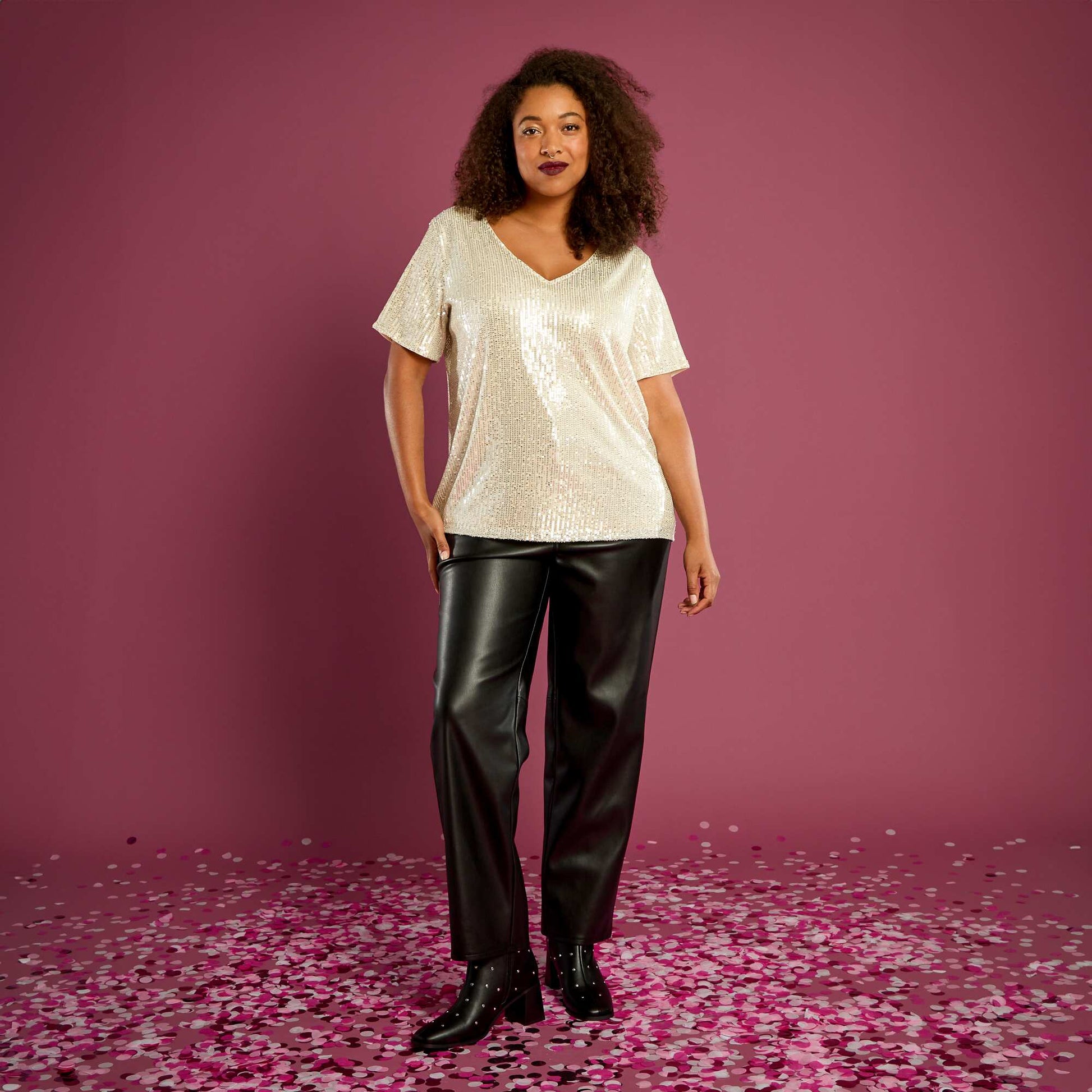 Tee-shirt manches courtes à sequins BEIGE