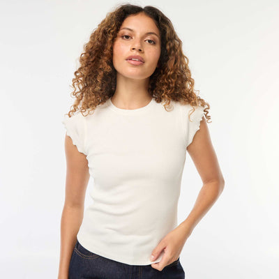 Tee-shirt côtelé avec manches volantées BLANC