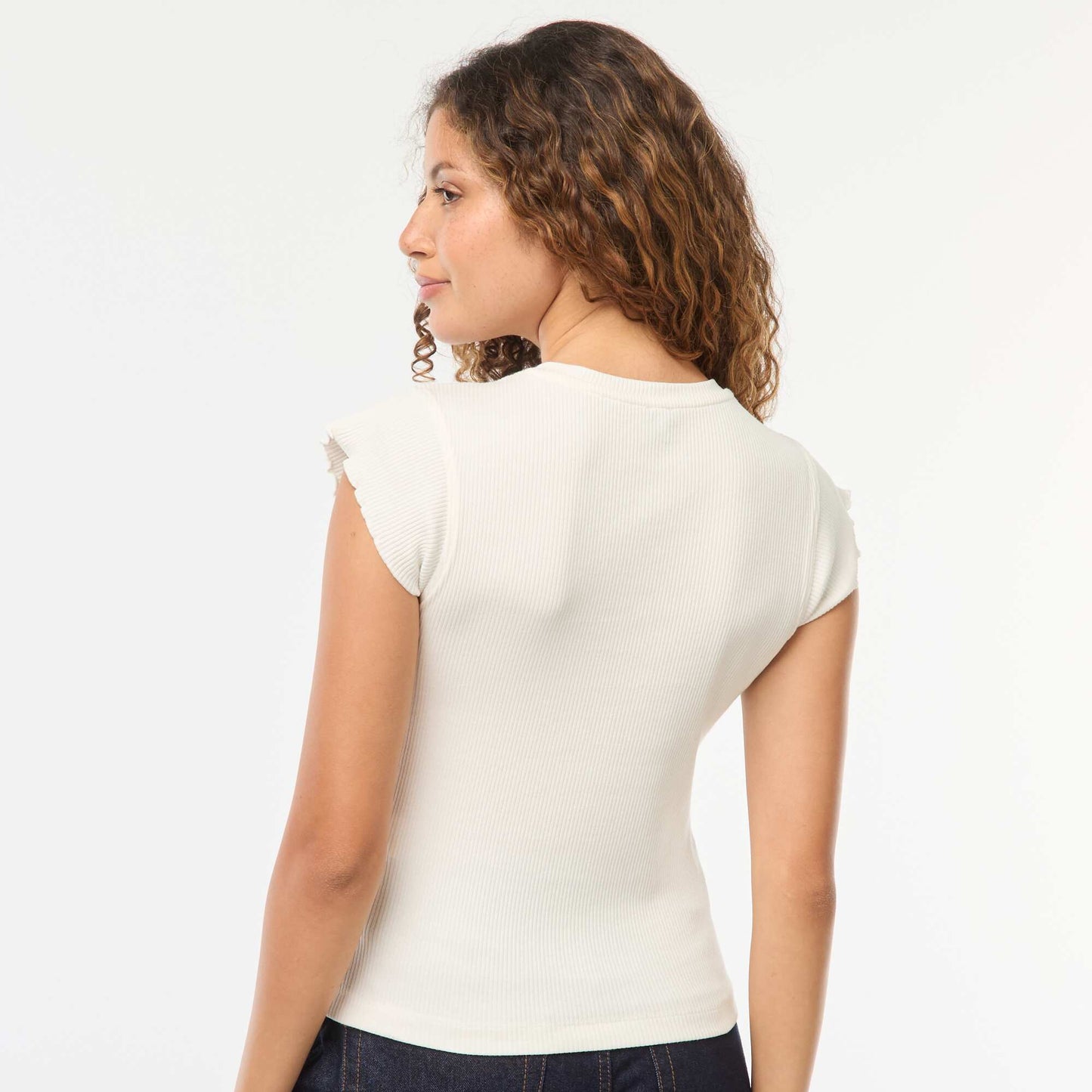 Tee-shirt côtelé avec manches volantées BLANC