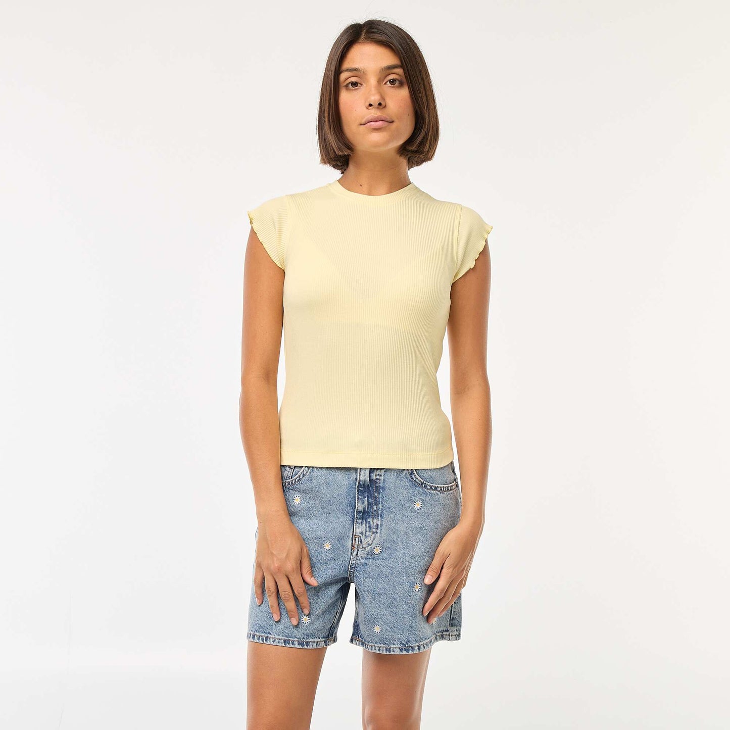 Tee-shirt côtelé avec manches volantées JAUNE