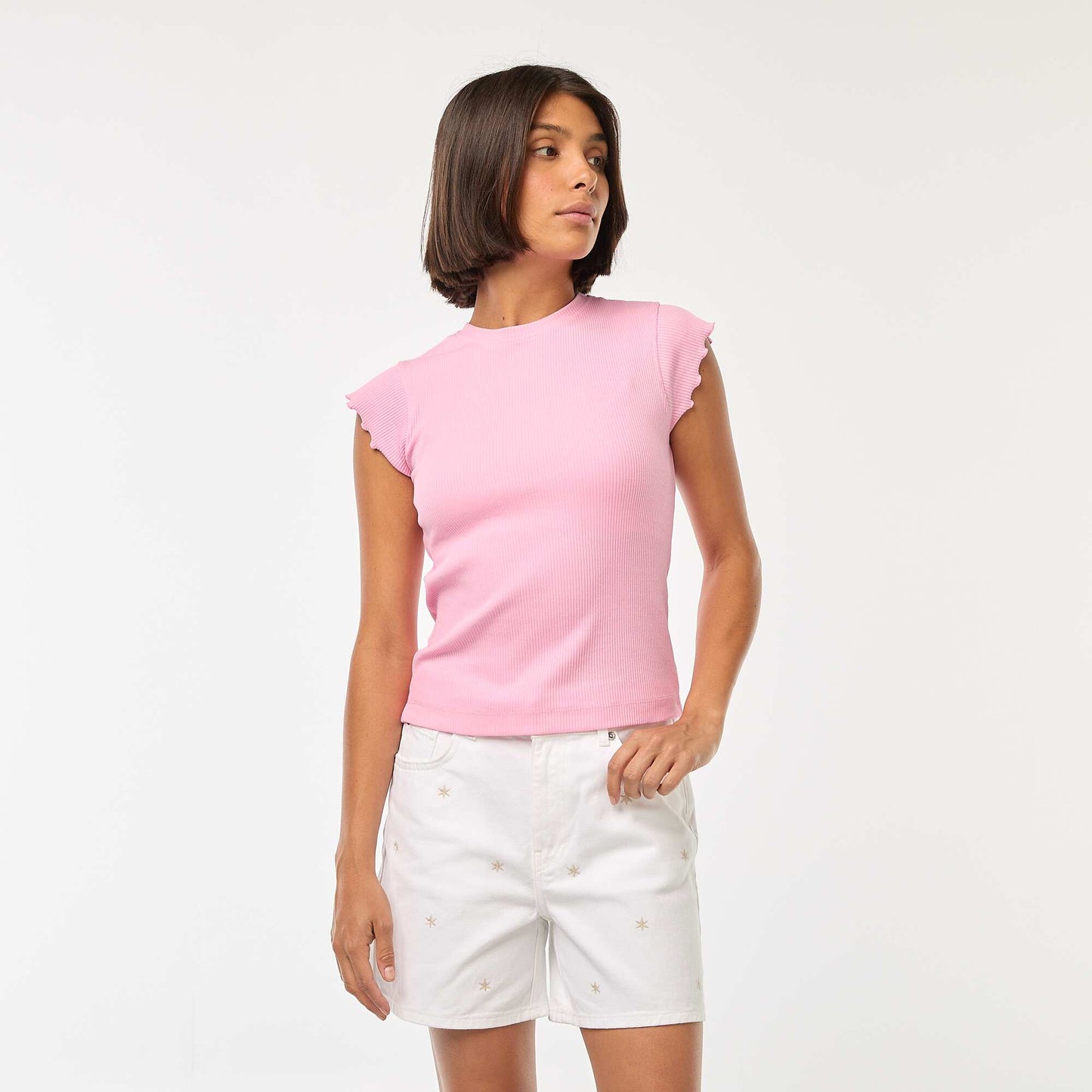 Tee-shirt côtelé avec manches volantées ROSE