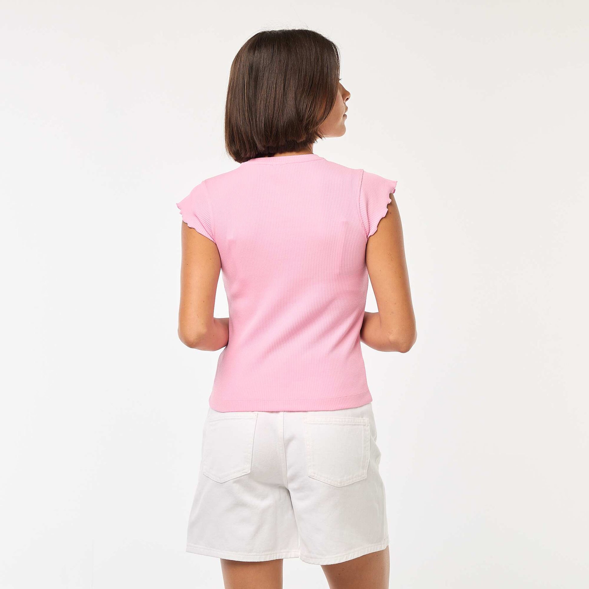 Tee-shirt côtelé avec manches volantées ROSE
