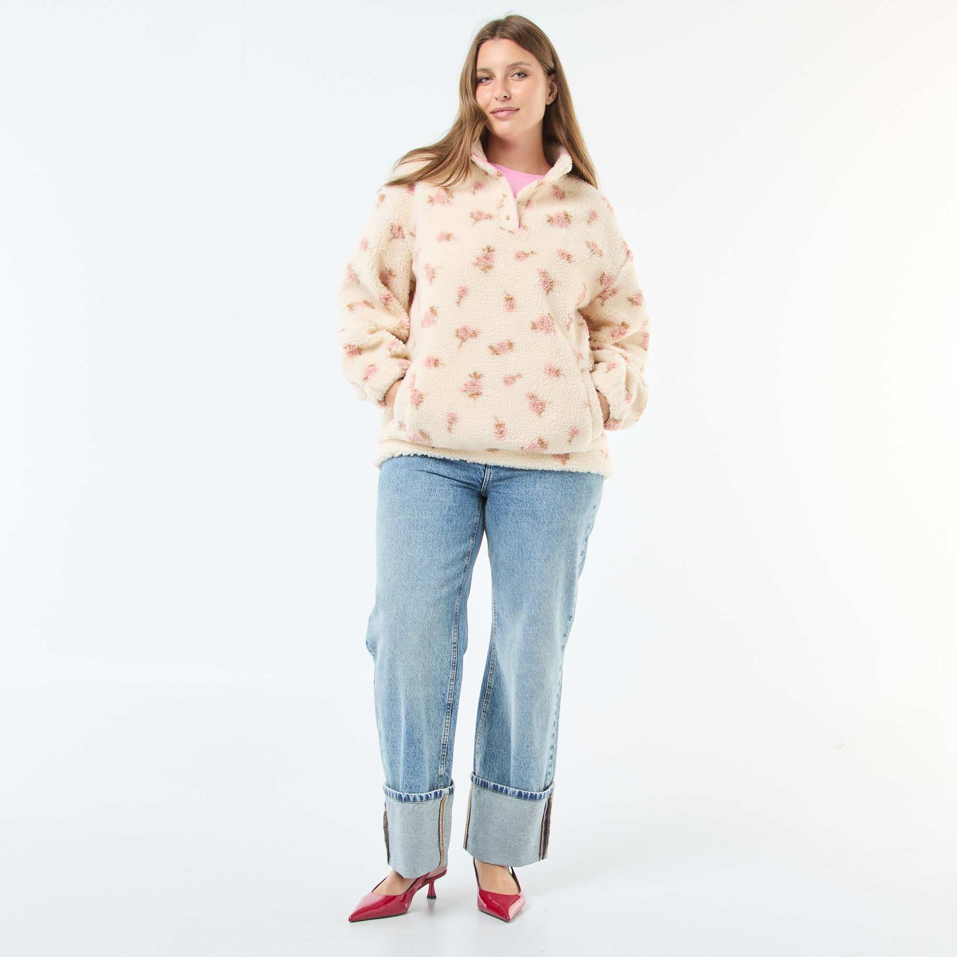 Sweat col camionneur effet moutonné BEIGE