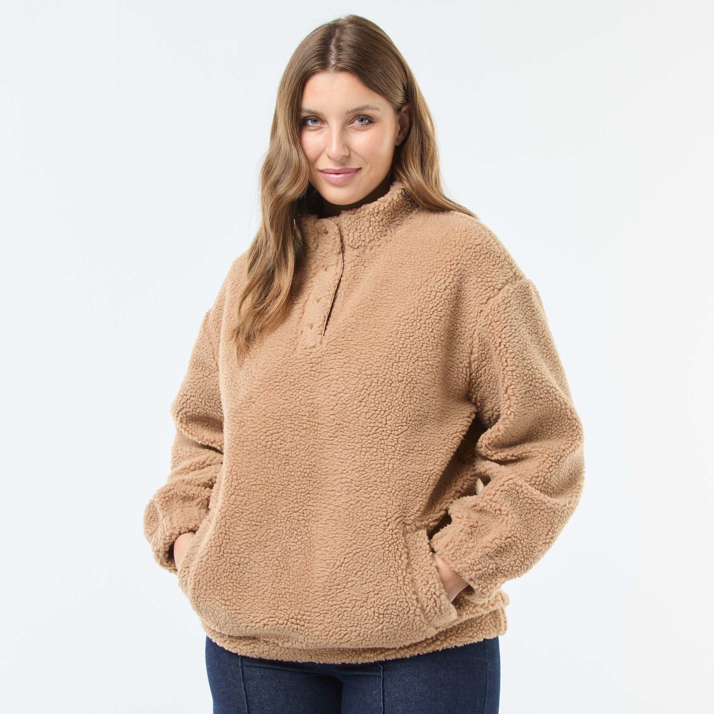 Sweat col camionneur effet moutonné MARRON