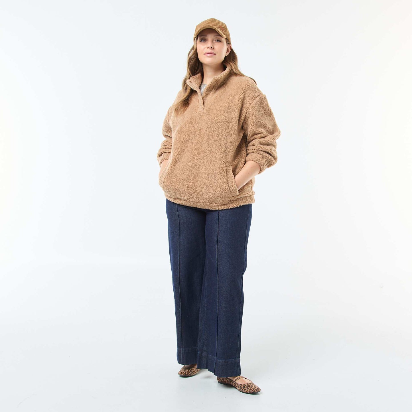 Sweat col camionneur effet moutonné MARRON