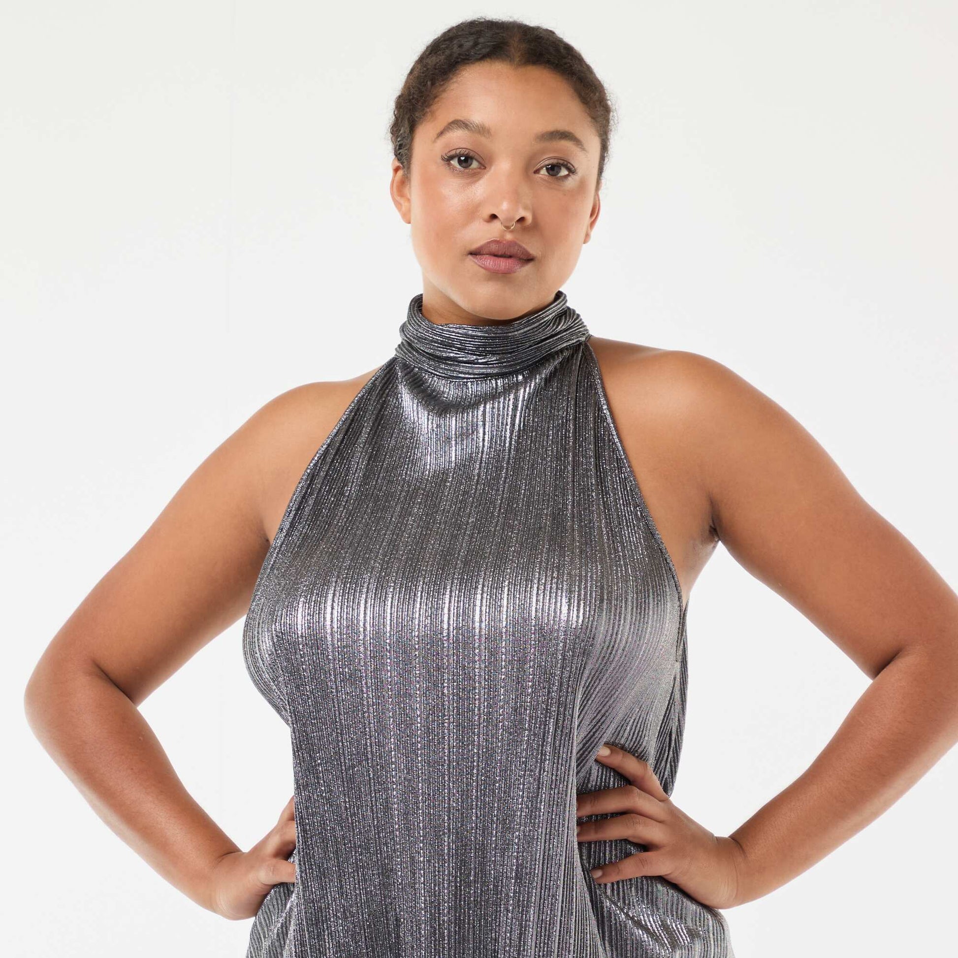 Top emmanchures américaines maille plissée GRIS