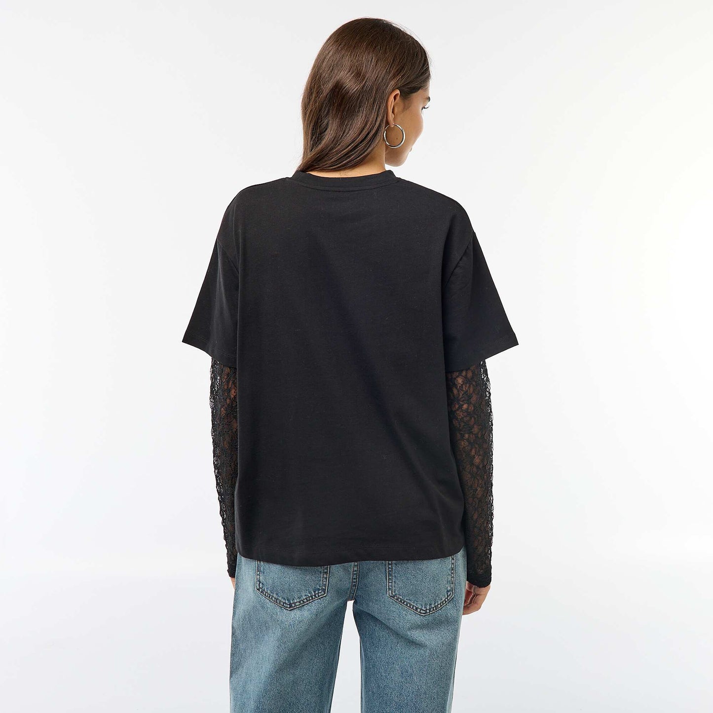 Tee-shirt 2-en-1 avec manches en dentelle NOIR