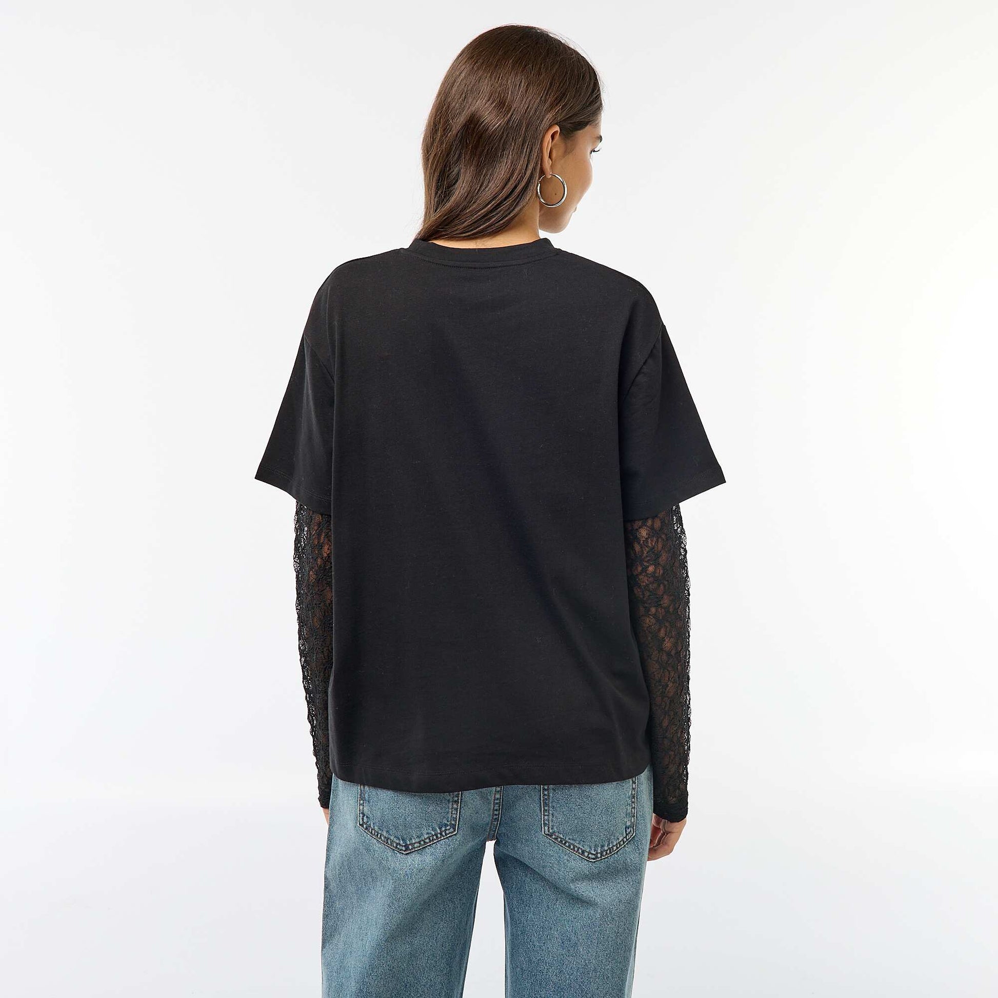Tee-shirt 2-en-1 avec manches en dentelle NOIR