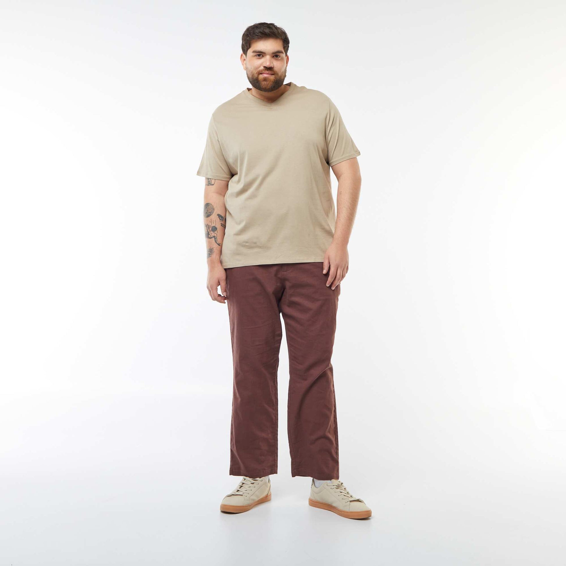 T-shirt en jersey à col V BEIGE