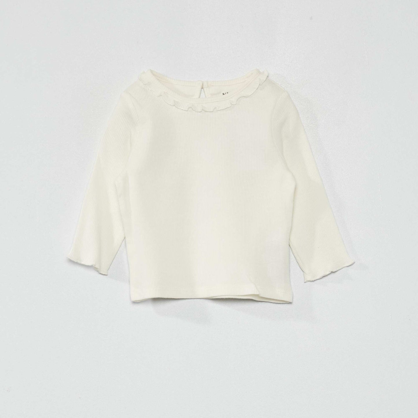 T-shirt en maille côtelée col volanté BLANC