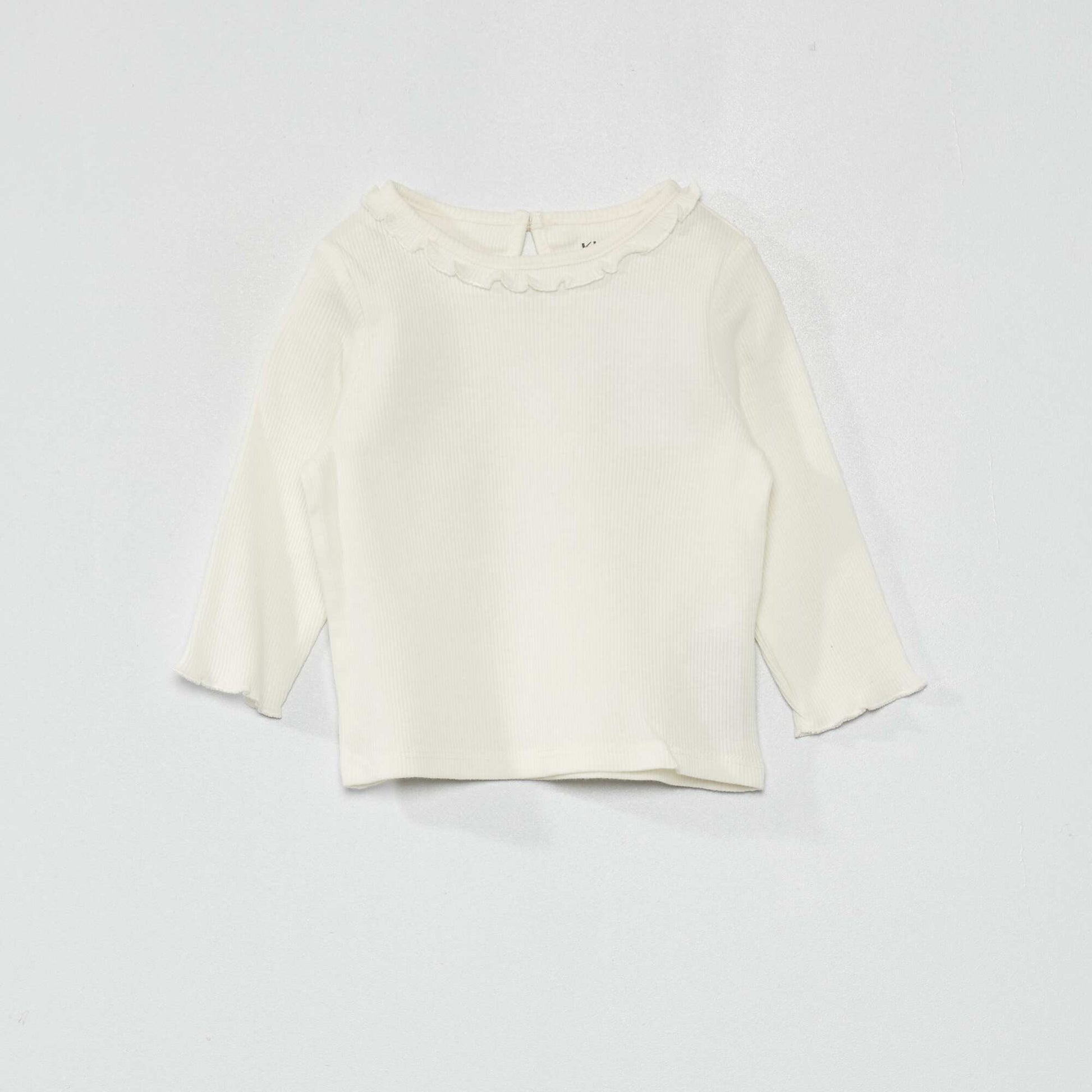 T-shirt en maille côtelée col volanté BLANC
