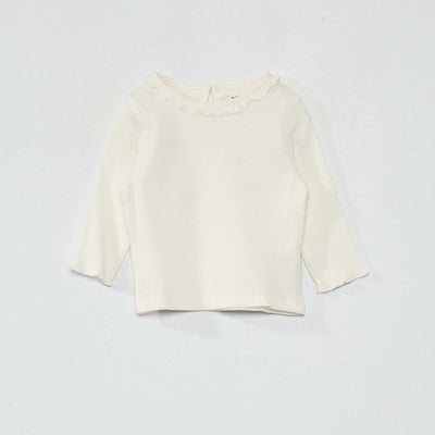 T-shirt en maille côtelée col volanté BLANC