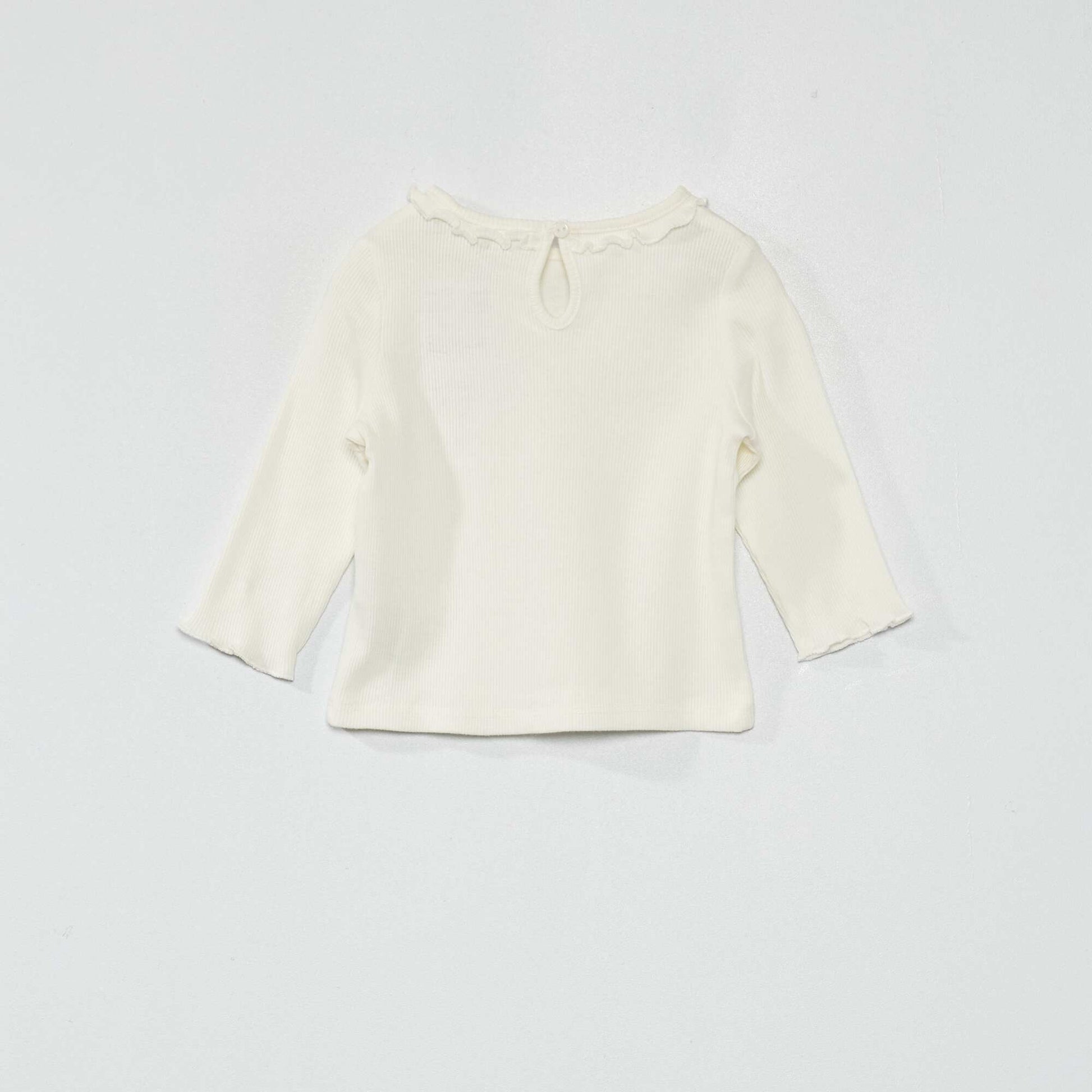 T-shirt en maille côtelée col volanté BLANC